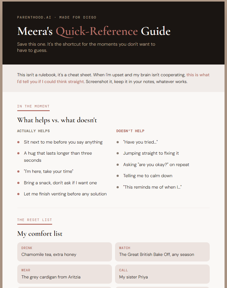 Example of what the The Partner Quick-Reference Guide produces